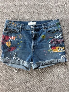 MOTHER Blue Denim Painted Distressed Shorts